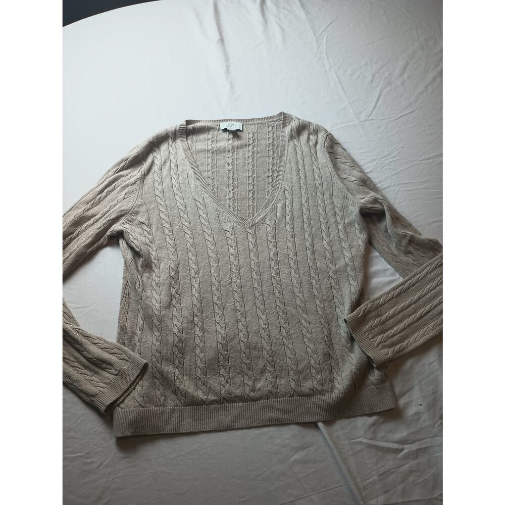 Loft Cable Knit Beige Tan Women V-Neck Long sleeve Sweater Pop Over Large